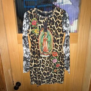 NWTY2K Ed Hardy Mesh Dress Virgin Mary Lined Body Knee Length Women’s Med Tattoo